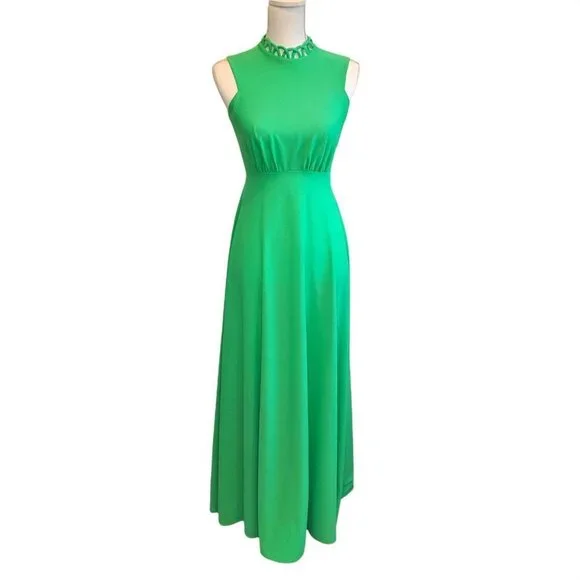 Vintage 70s 2‎ Piece Dress Set Green Polyester High Neck Floor Length Sz Small - Picture 5 of 12